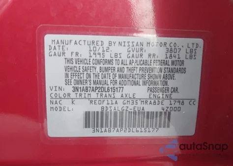 2013 Nissan Sentra Sl z USA, uszkodzony, nr VIN 3N1AB7AP2DL615177